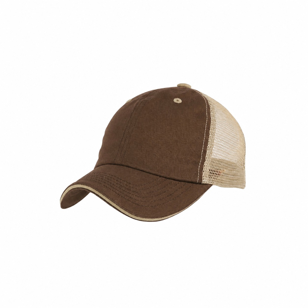 Washed Cotton Mesh Trucker Cap — Brown/Khaki Beige