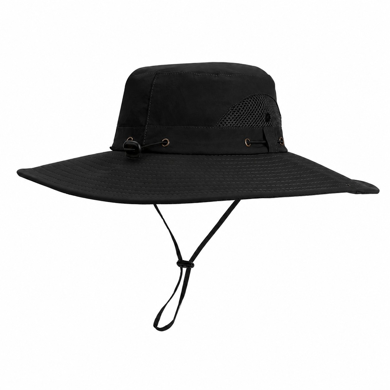 Nylon Drawstring Safari Sun Hat — Black