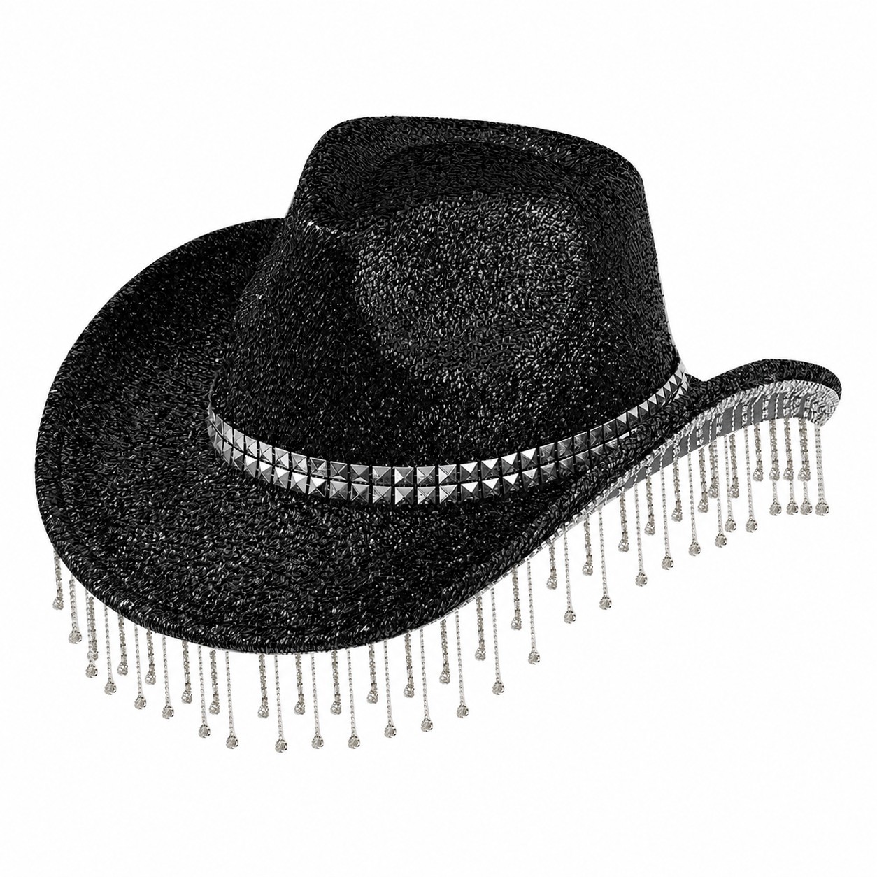 Polyester Rhinestone Tassel Cowboy Hat — Black