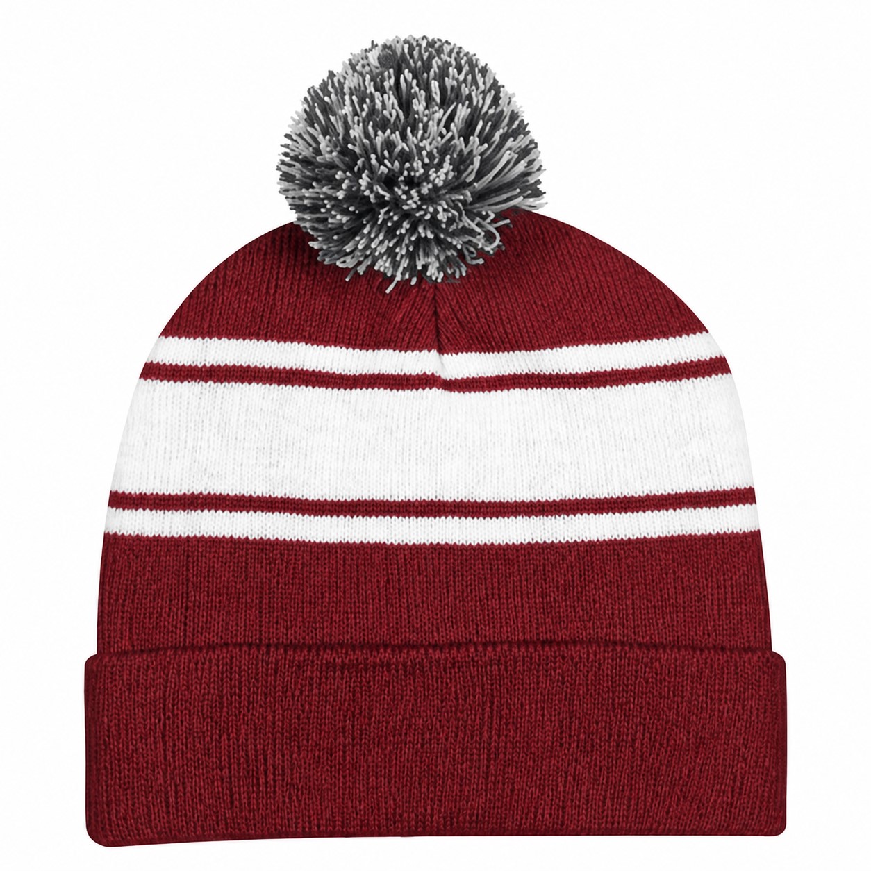 Two Tone Pom Cuff Beanie — Burgundy Red