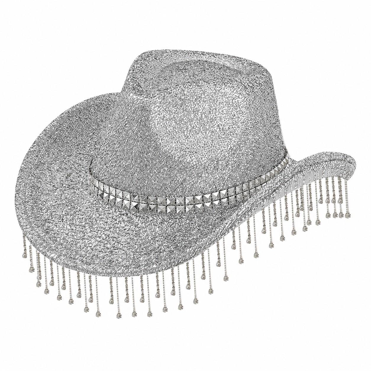 Polyester Rhinestone Tassel Cowboy Hat — Silver