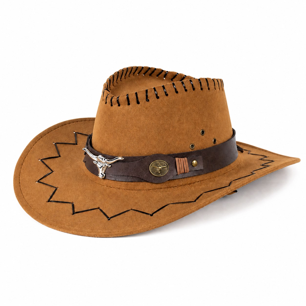 Polyester Cowboy Hat With Western Stitching — Camel Brown