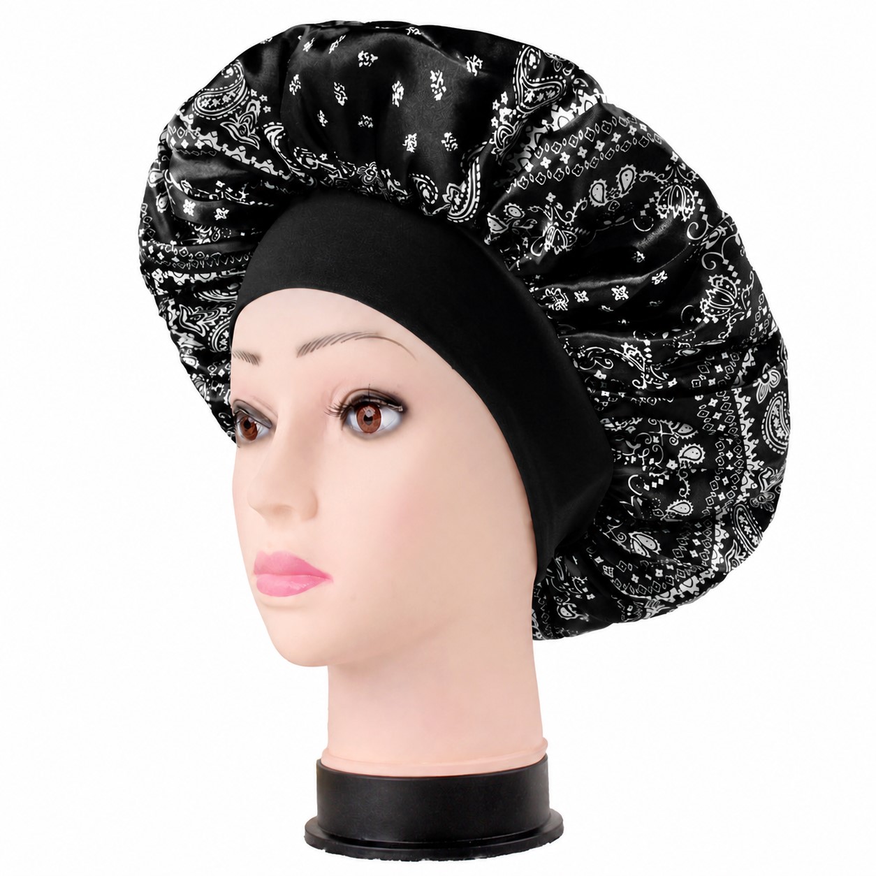 Elastic Wide Band Satin Bonnet — Black