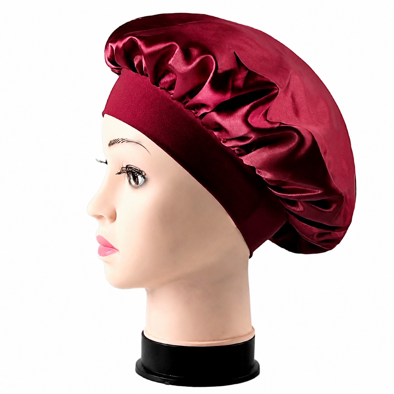 Satin Wide Band Sleep Bonnet — Wine Red
