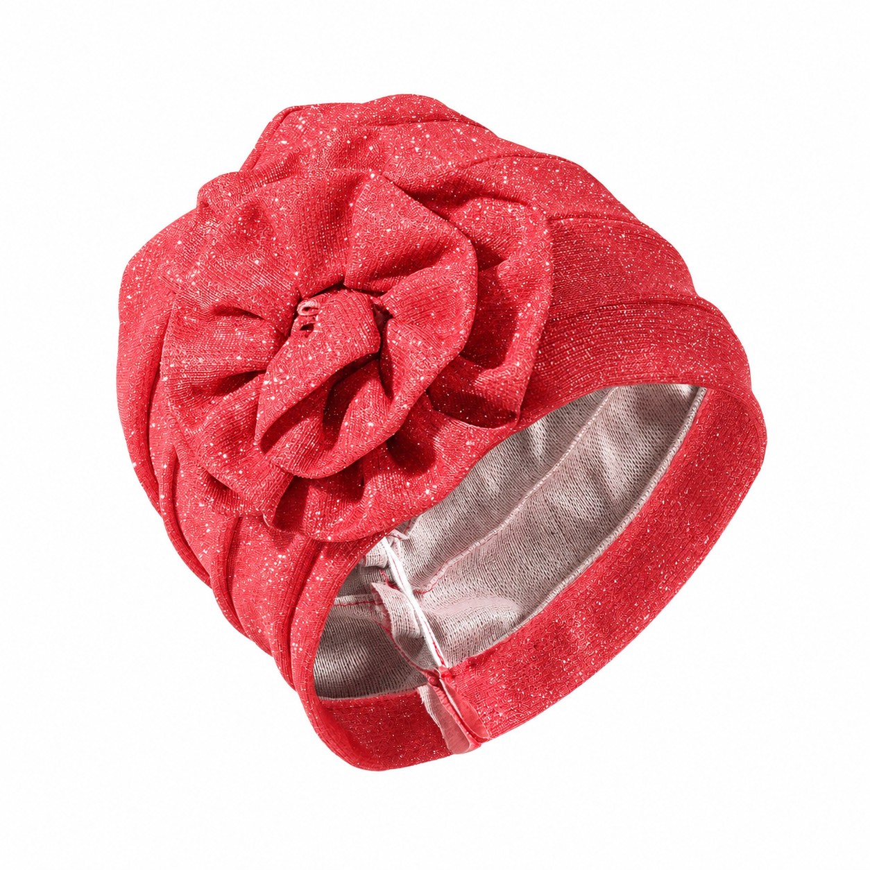 Shimmer Polyester Flower Turban Hat — Watermelon Red