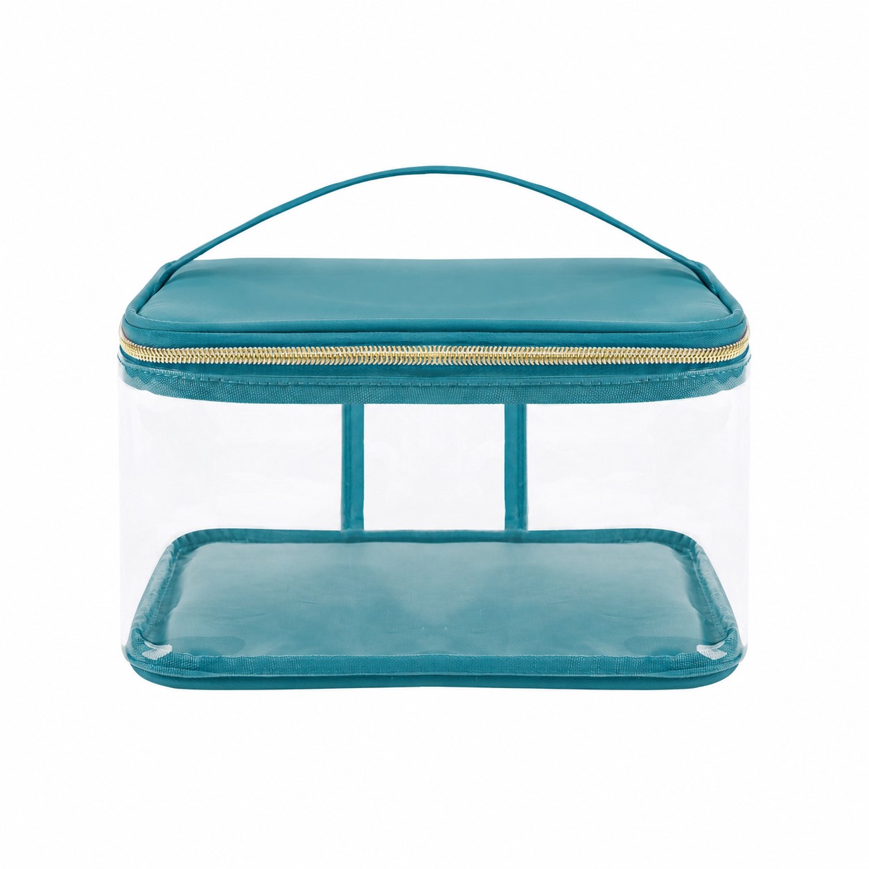 Clear PVC Makeup Bag with Nylon Trim and Reinforced Handles — Teal Blue