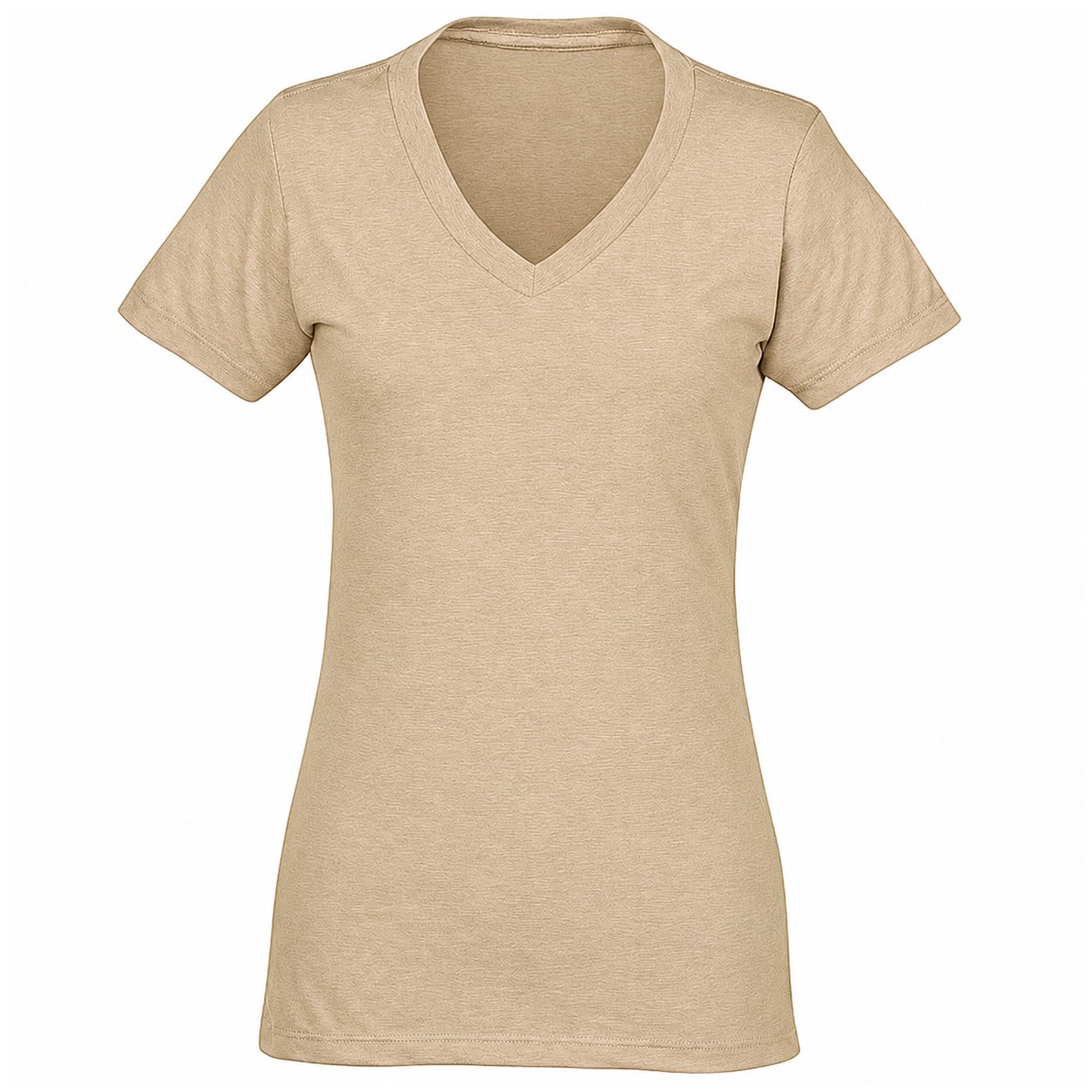 Ladies Cotton Polyester Blend V Neck Tee — Tan Beige