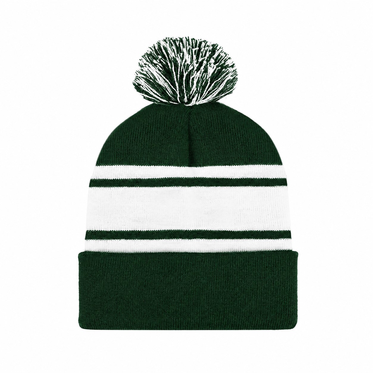 Two-Tone Knit Pom Beanie With Cuff — Dark Green