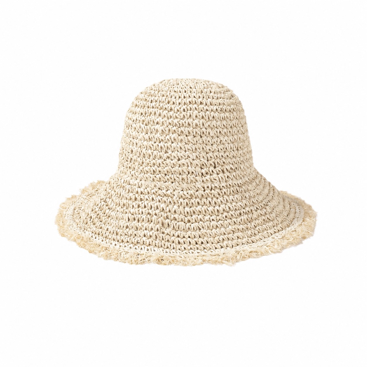Fringe Straw Bucket Sun Hat — Beige