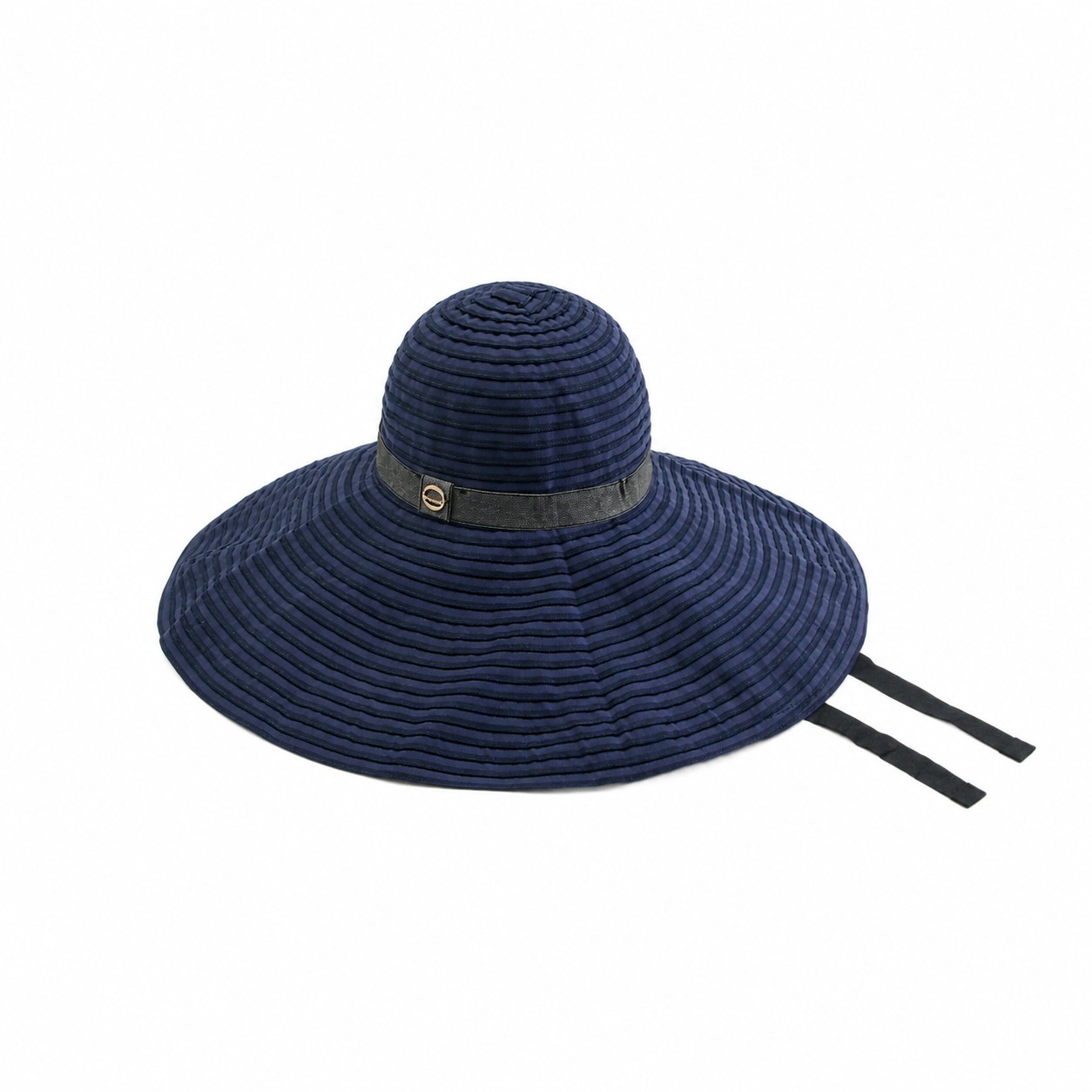 Polyester Striped Wide Brim Sun Hat — Navy Blue