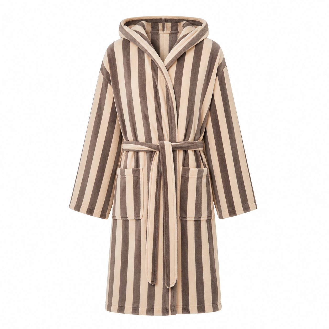 Striped Fleece Hooded Bathrobe With Tie Belt — view 2
