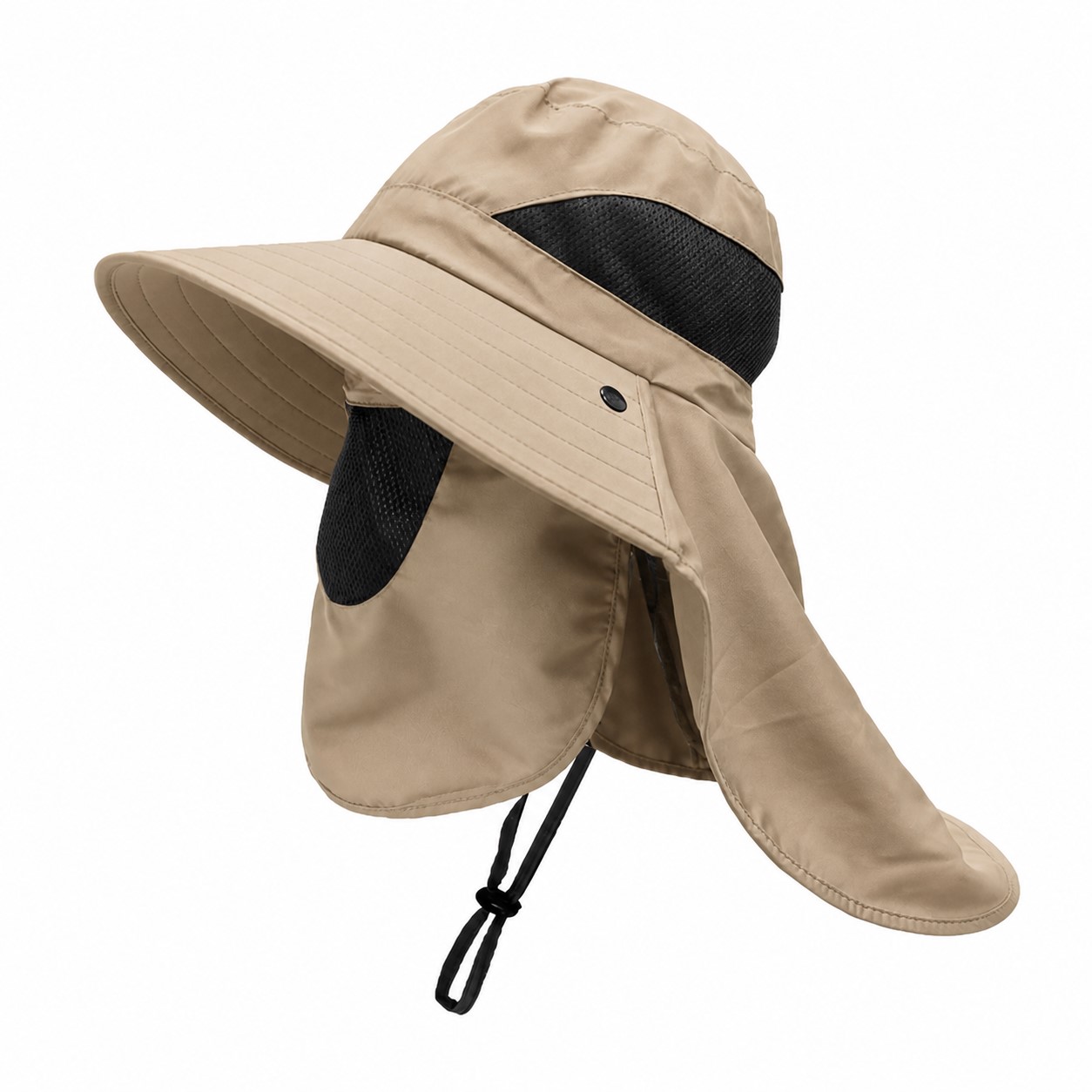 Polyester Neck Flap Fishing Hat — Khaki Beige