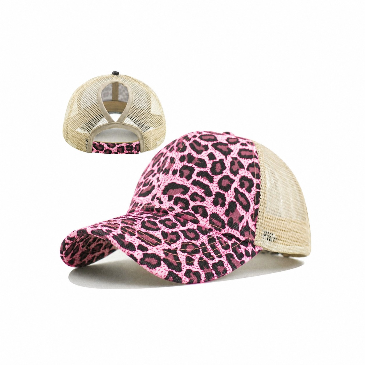 Leopard Polyester Ponytail Trucker Cap — Pink