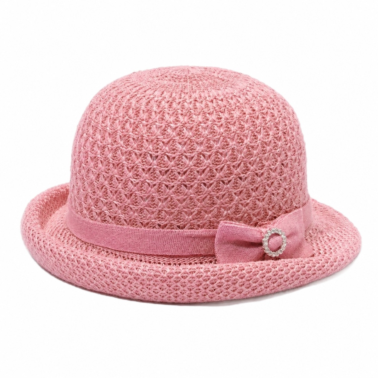Straw Rolled Brim Cloche Hat — Pink