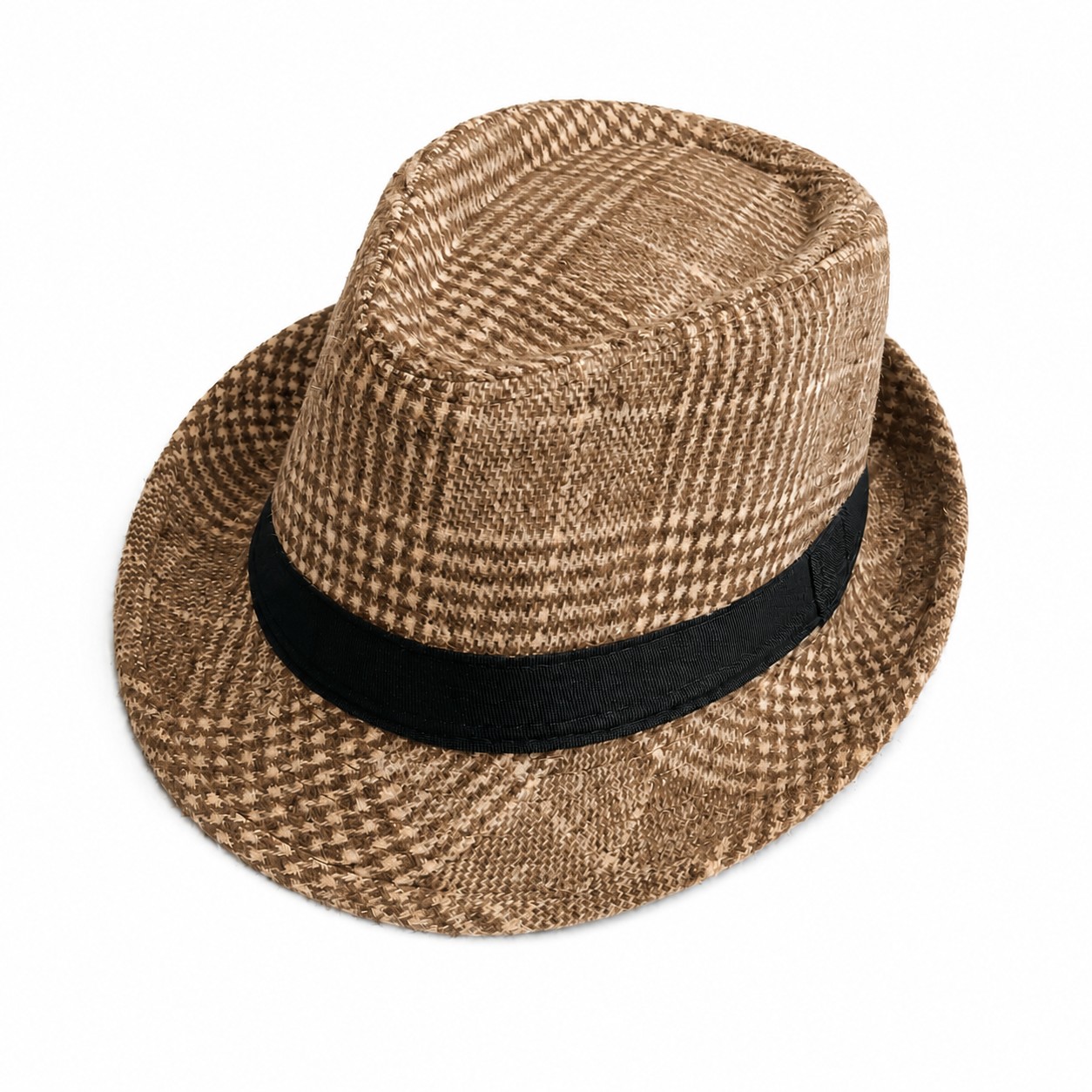 Polyester Plaid Fedora With Ribbon Band — Light Brown