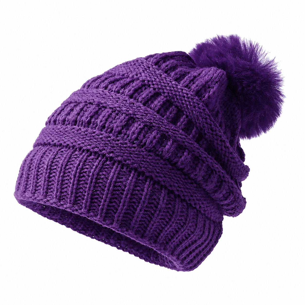 Ribbed Acrylic Pom Beanie Hat — Purple