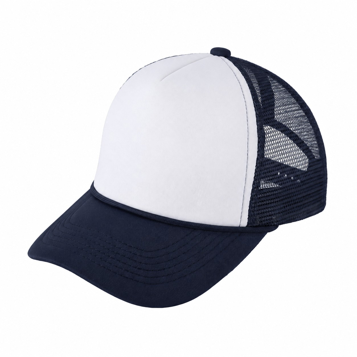 Polyester Adjustable Snapback Cap — White/Navy Blue
