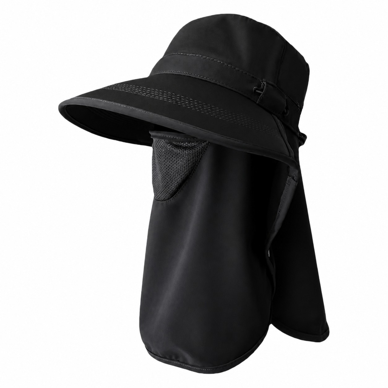 Polyester Sun Hat With Face Shield — Black