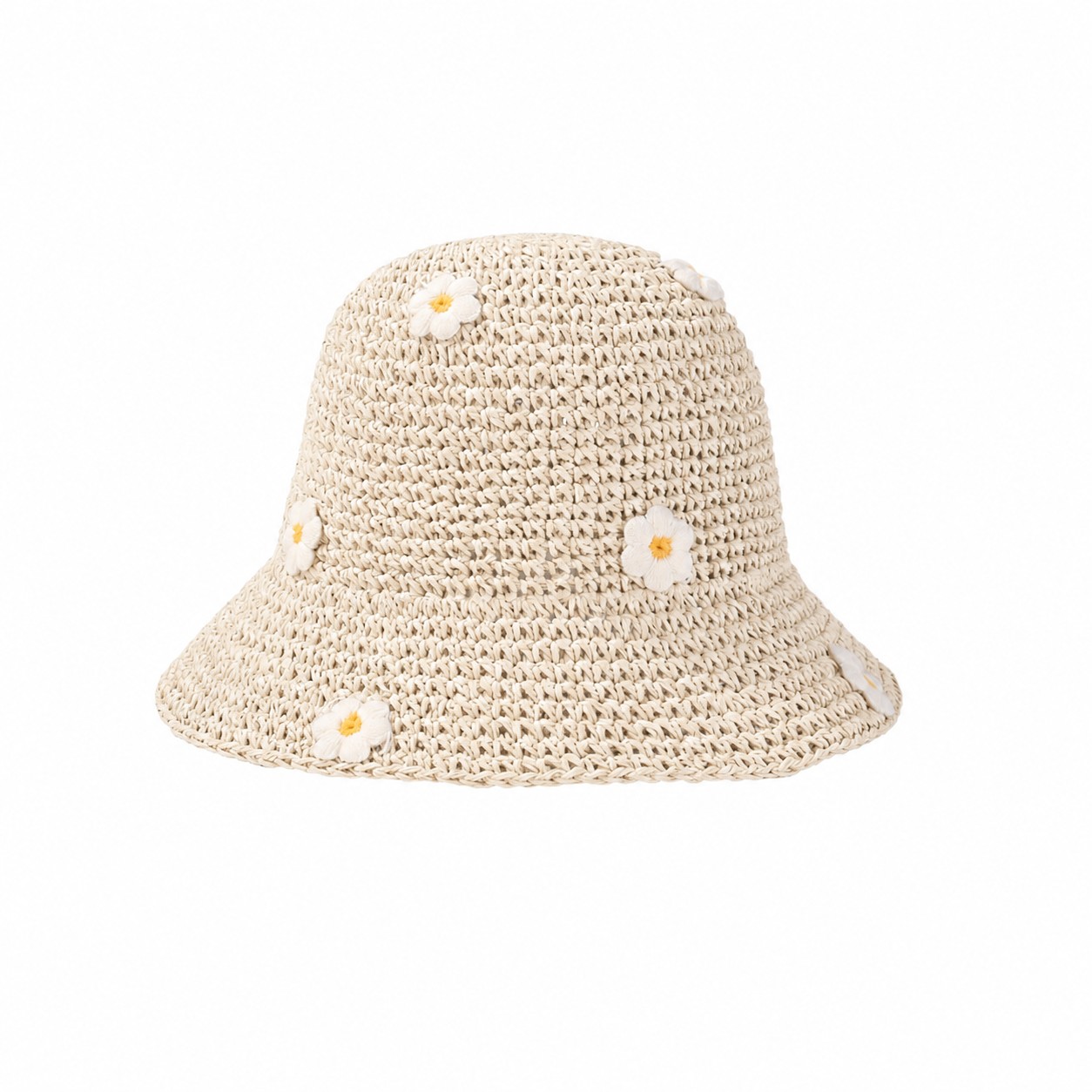 Crochet Daisy Straw Bucket Hat — Beige