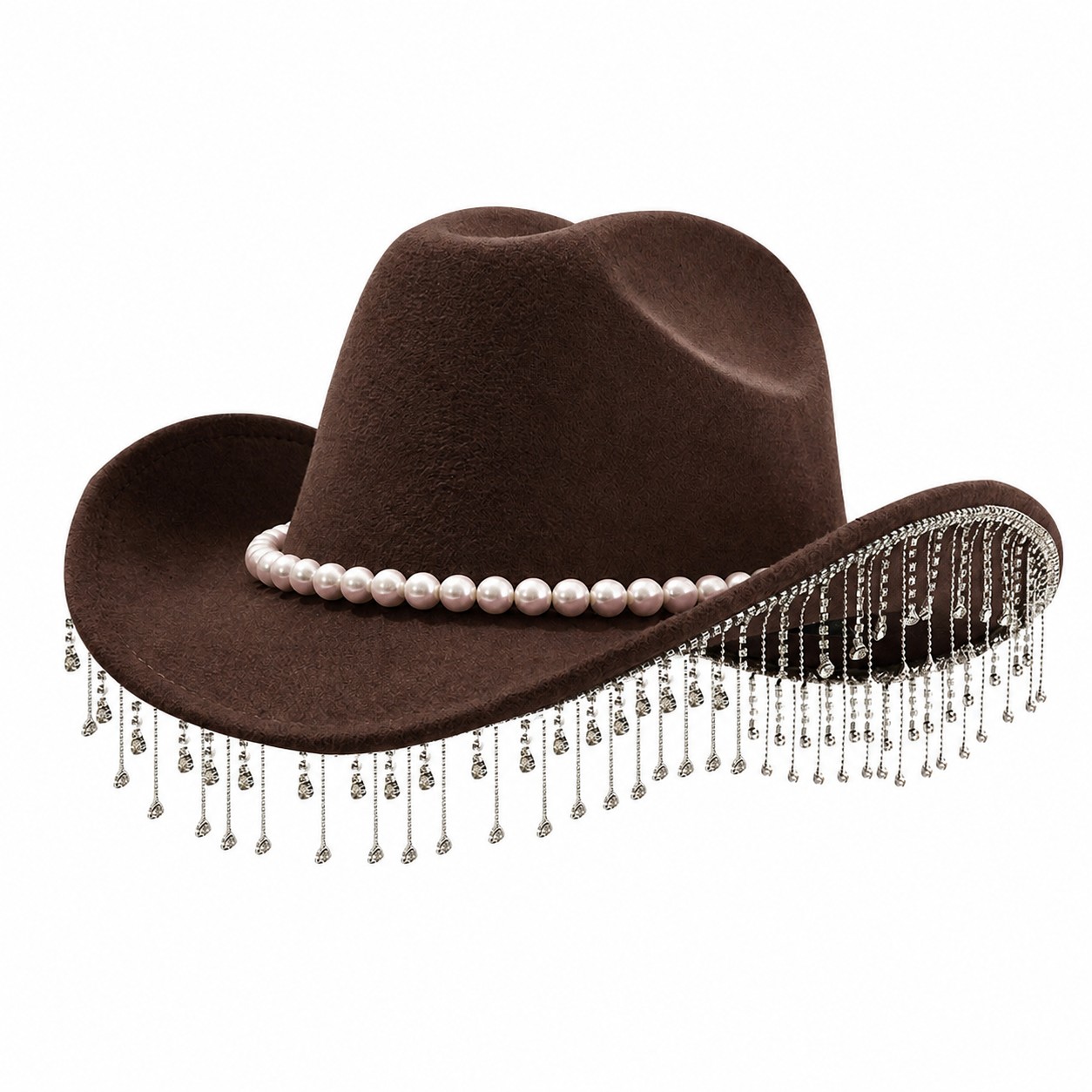 Pearl Fringe Polyester Fedora Hat — Dark Coffee Brown