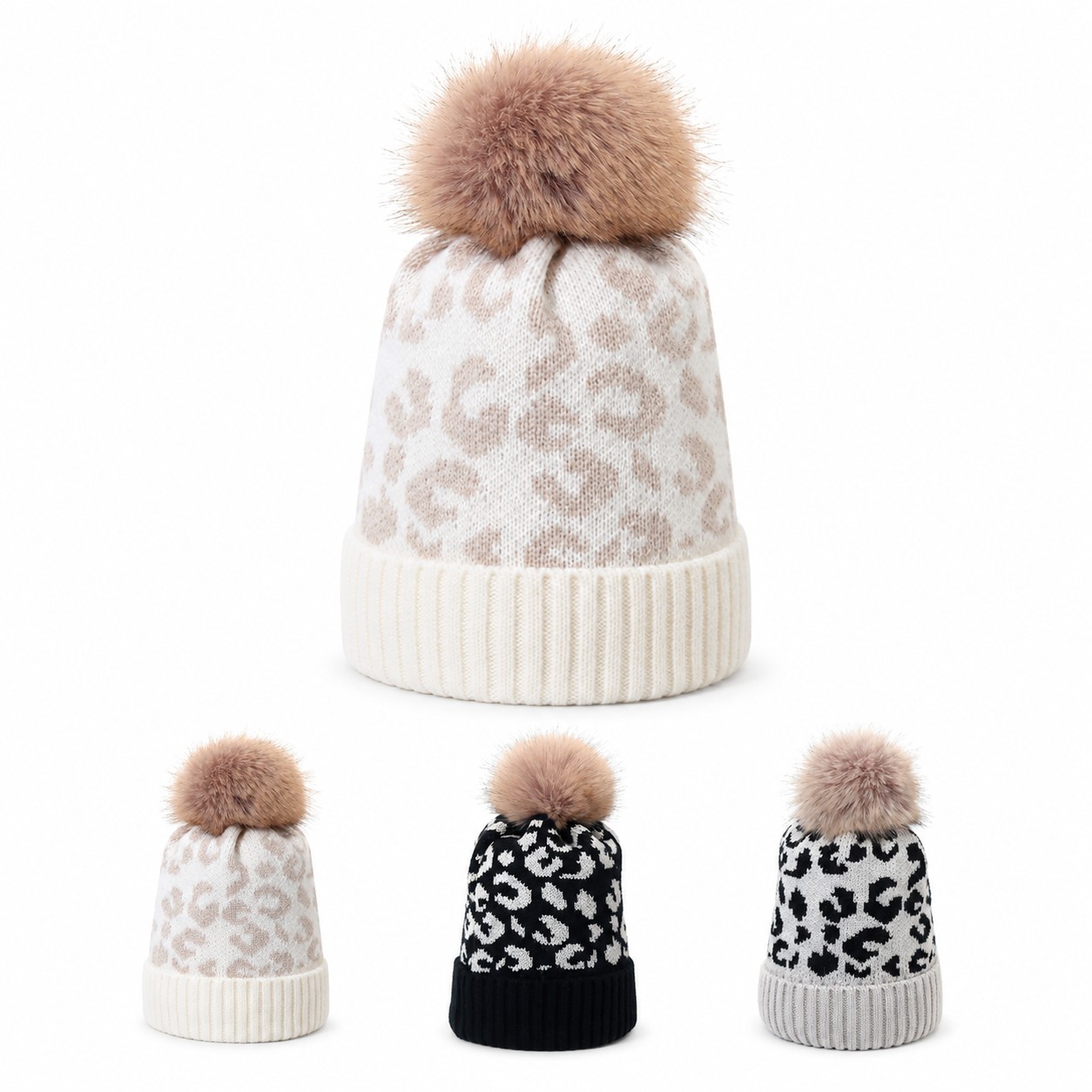 Leopard Print Polyester Pom Beanie