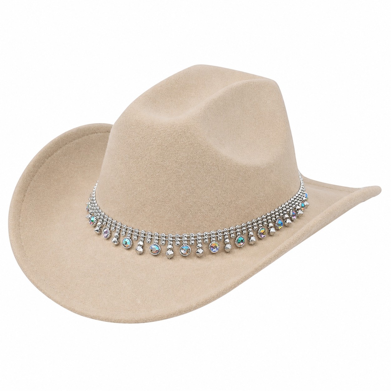 Jeweled Band Polyester Cowboy Hat — Beige