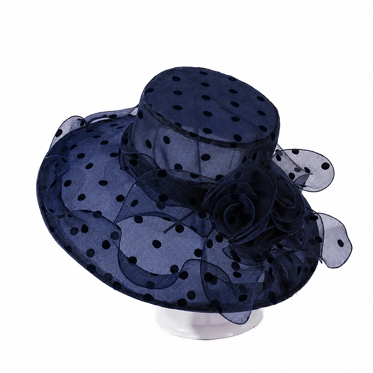 Organza Polka Dot Flower Hat — Navy Blue
