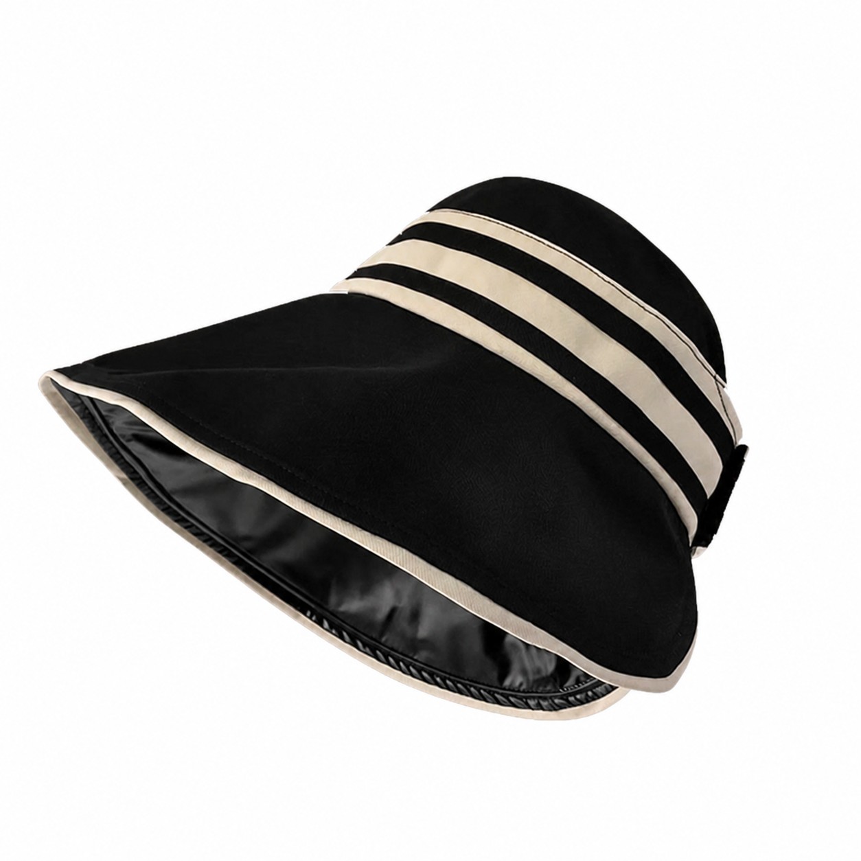 Striped Polyester Wide Brim Sun Hat — Black