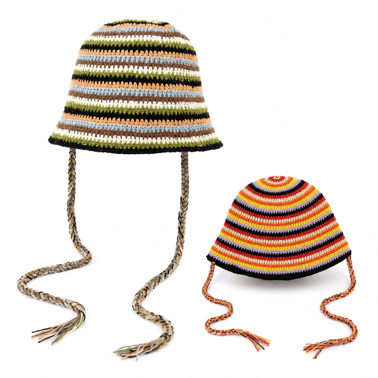 Striped Knit Bucket Hat With Tassel Ties
