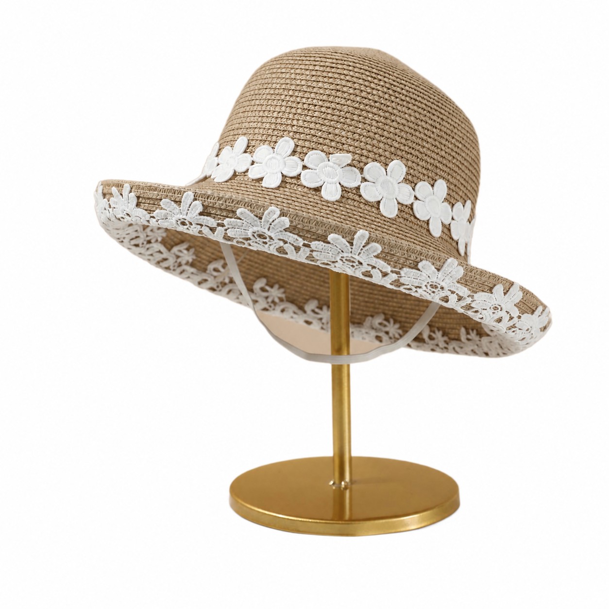Straw Flower Lace Sun Hat — Khaki Beige