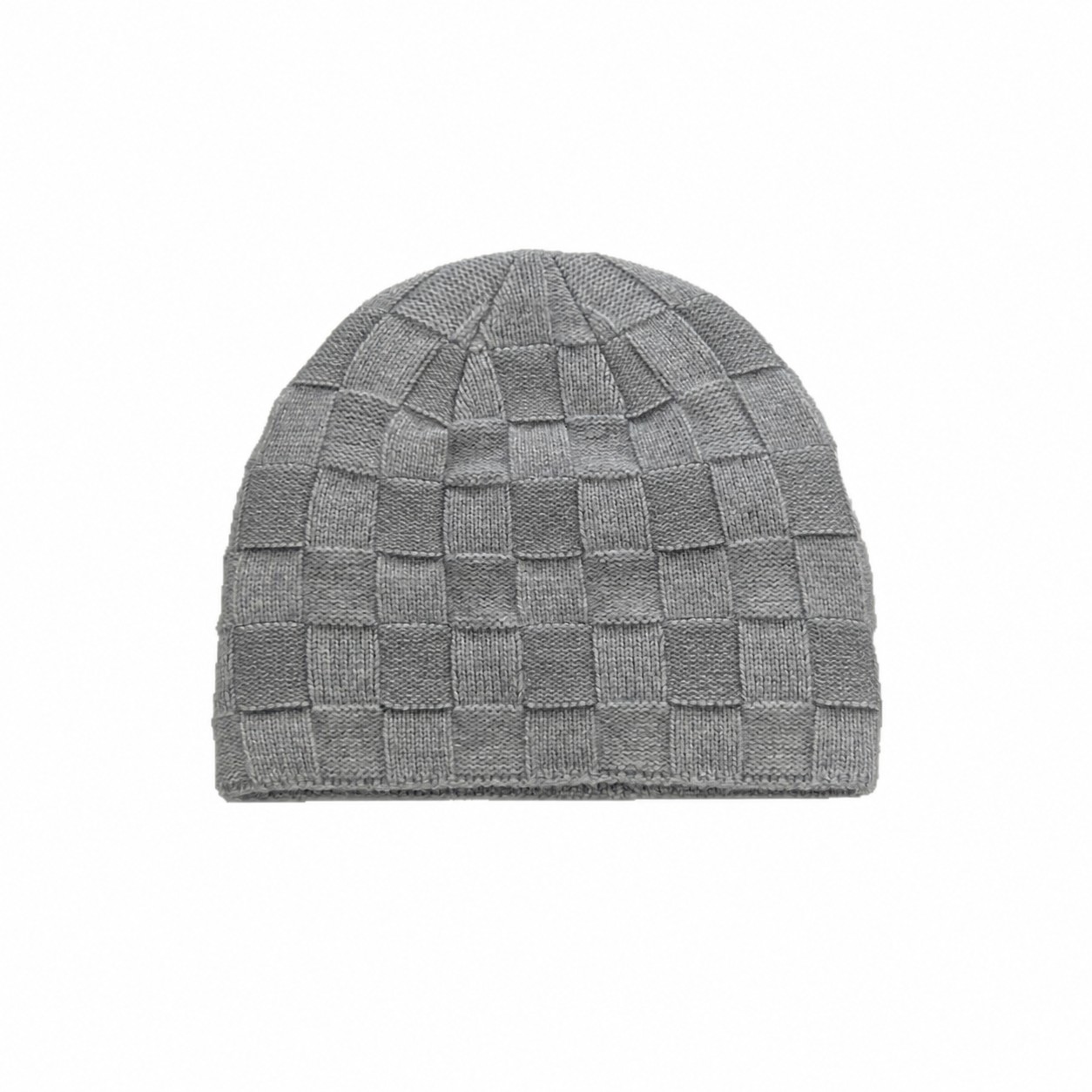 Wool Blend Checkerboard Knit Beanie — Gray