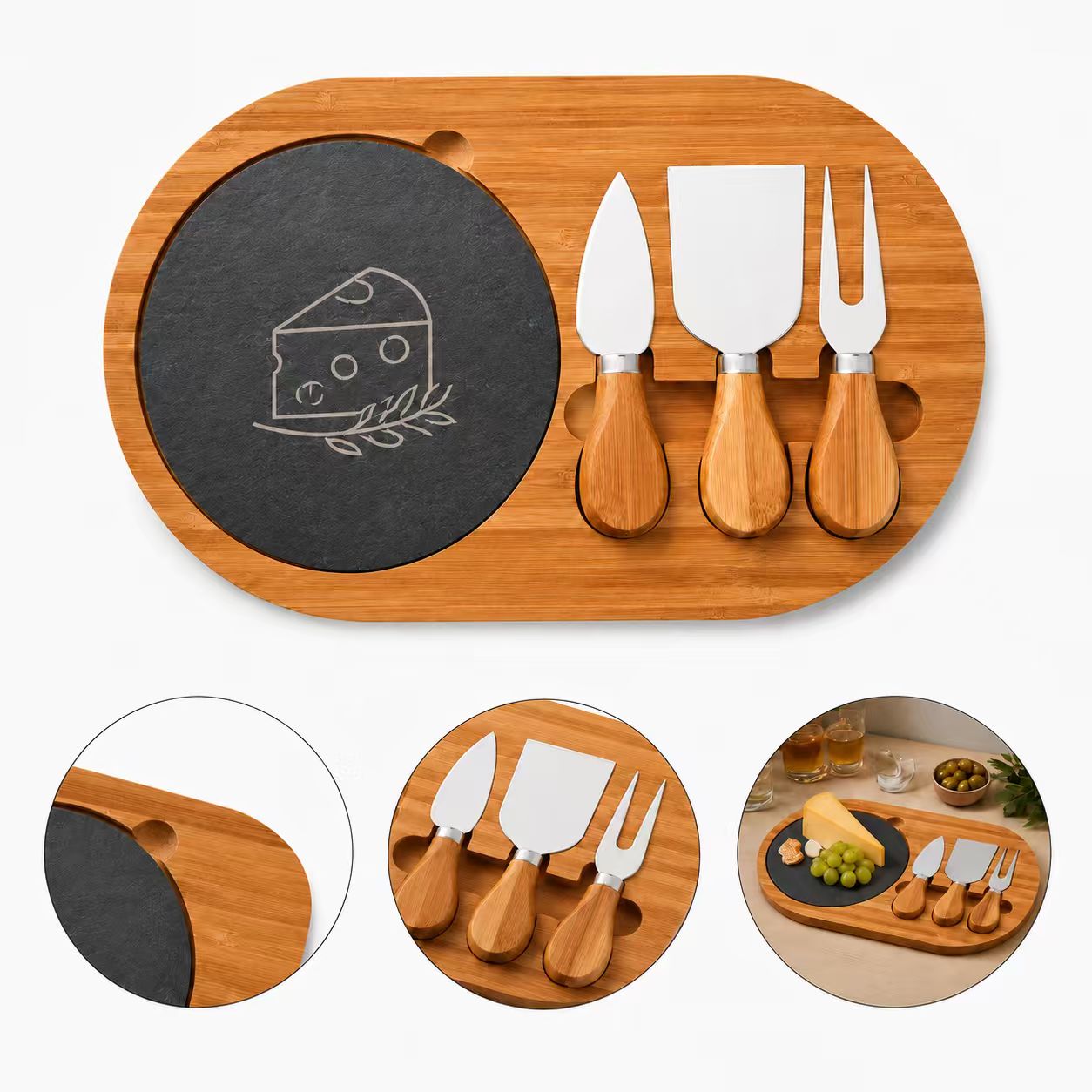 Bamboo Slate Cheese Board And Utensil Set