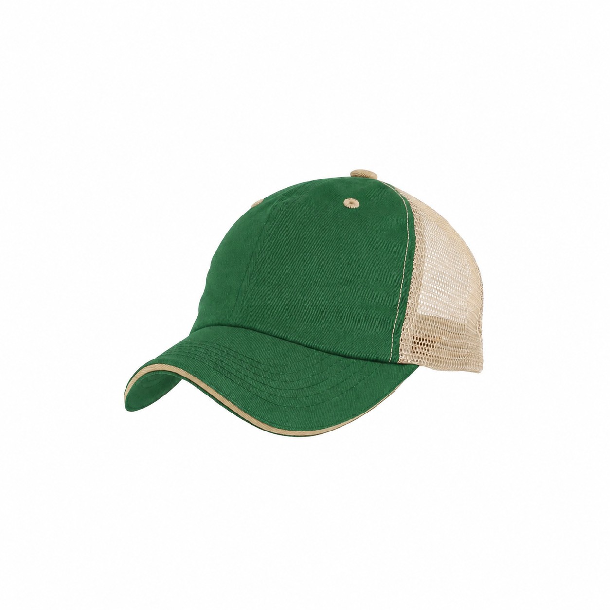 Washed Cotton Mesh Trucker Cap — Green/Khaki Beige