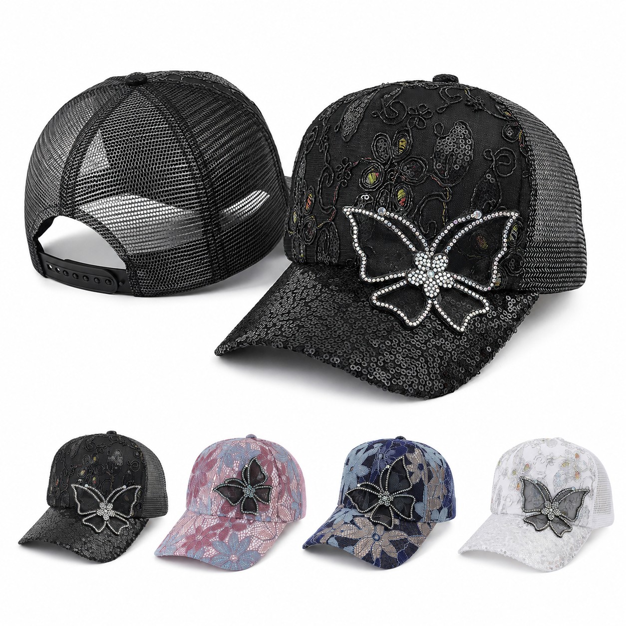 Butterfly Rhinestone Mesh Baseball Cap