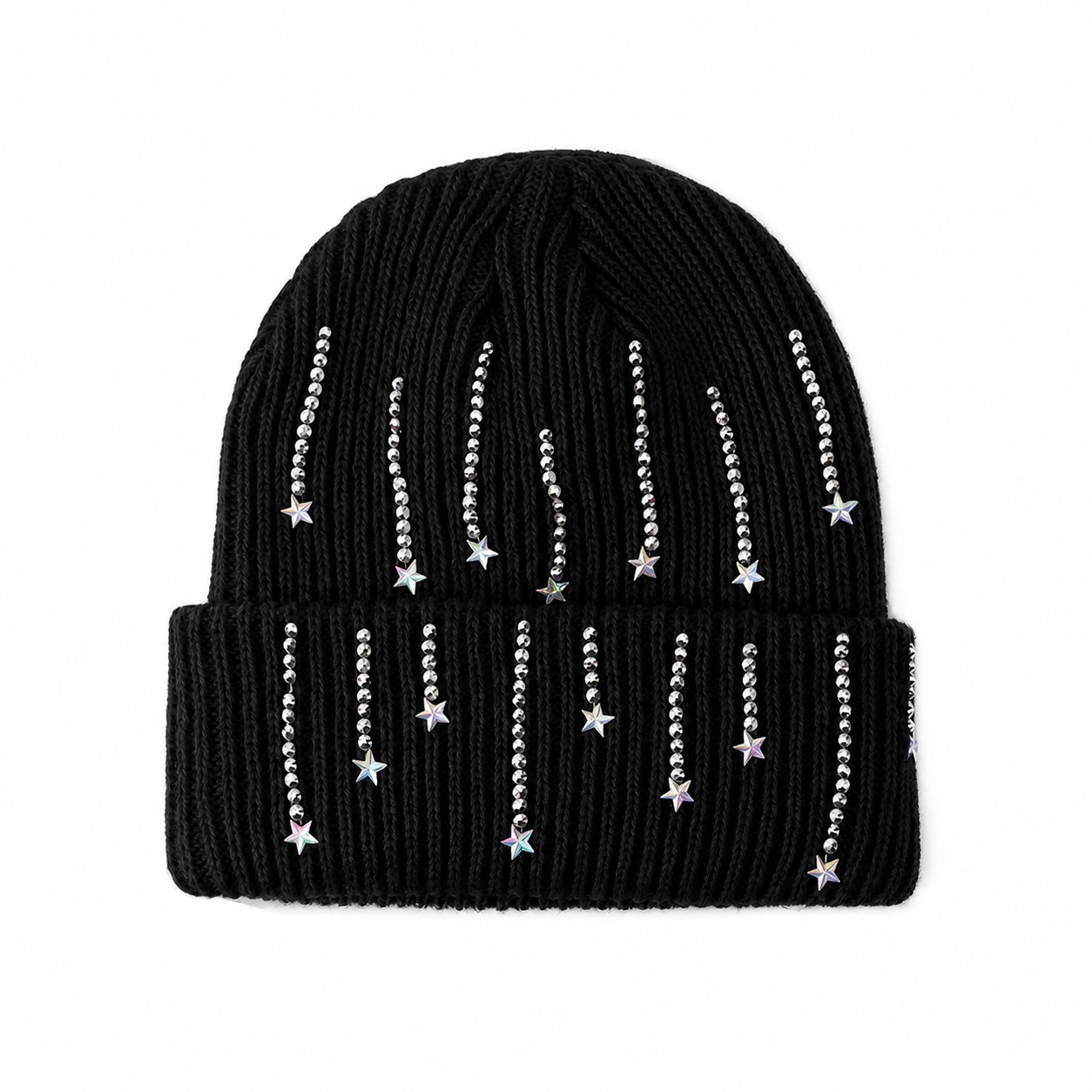 Polyester Star Accent Cuffed Beanie — Black
