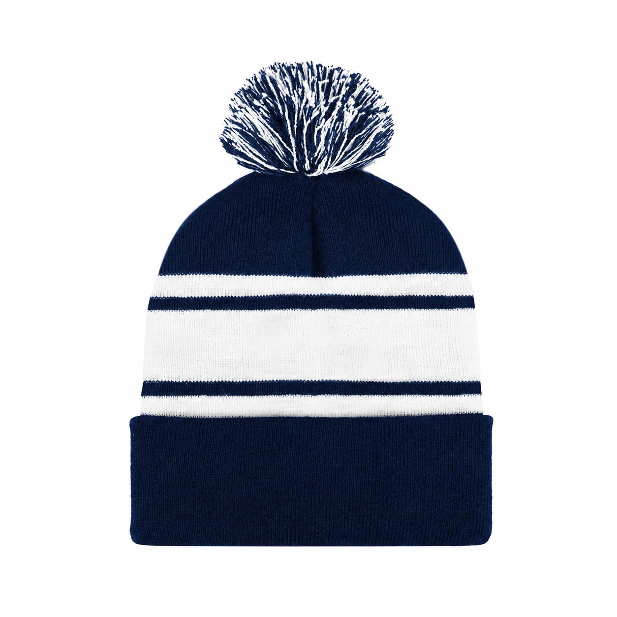 Two-Tone Knit Pom Beanie With Cuff — Navy Blue