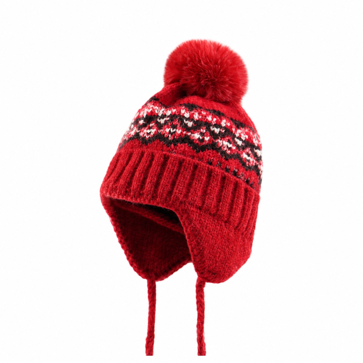 Polyester Earflap Pom Beanie — Red