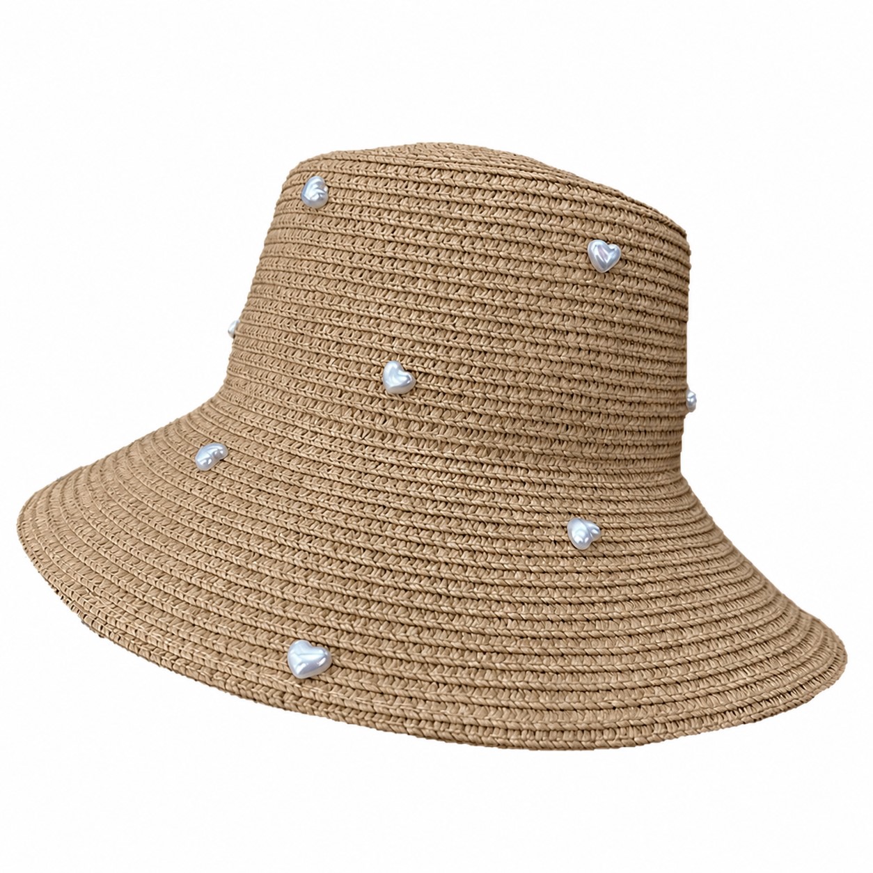 Pearl Straw Bucket Sun Hat — Khaki Beige