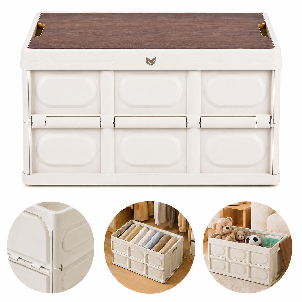 Collapsible Polypropylene Storage Bin With Wood Cover