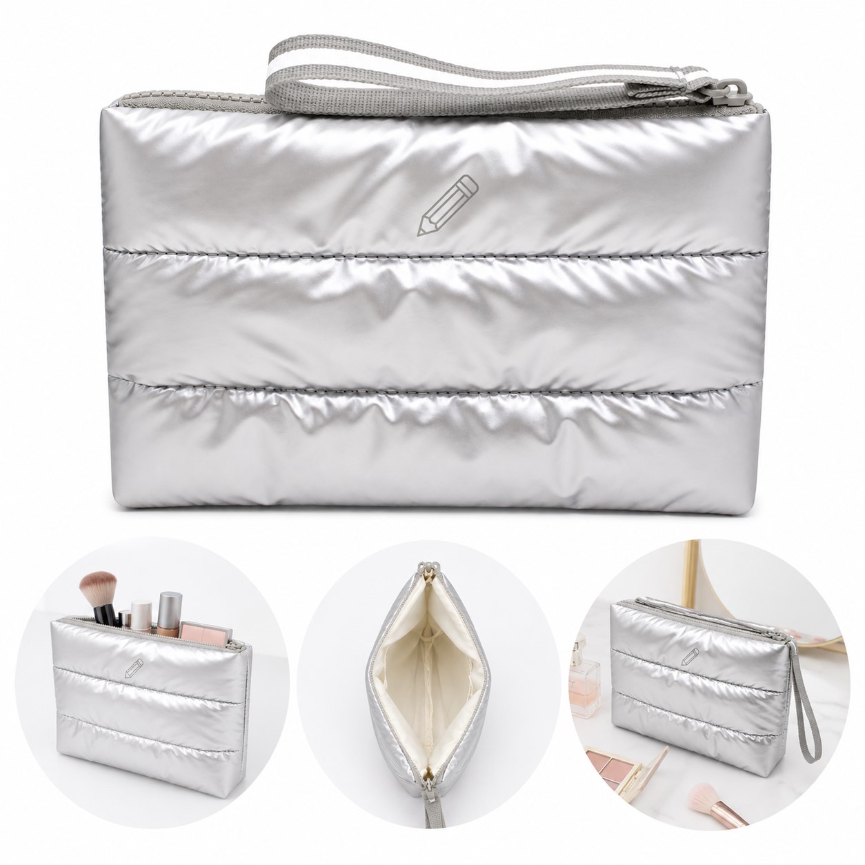 Quilted Polyester Wristlet Cosmetic Pouch