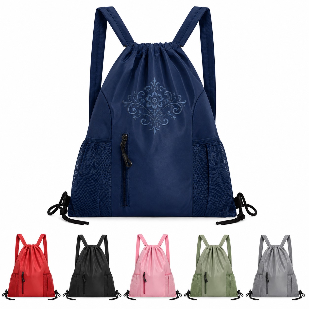 Adjustable Polyester Drawstring Backpack With Mesh Pockets