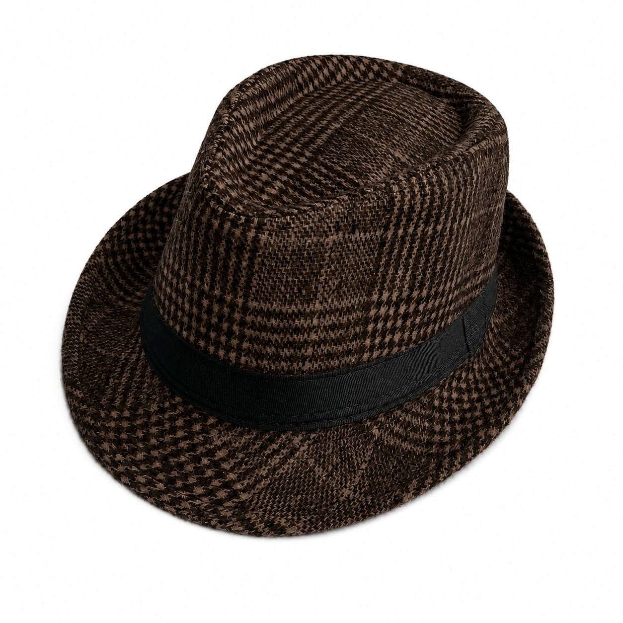 Polyester Plaid Fedora With Ribbon Band — Dark Brown