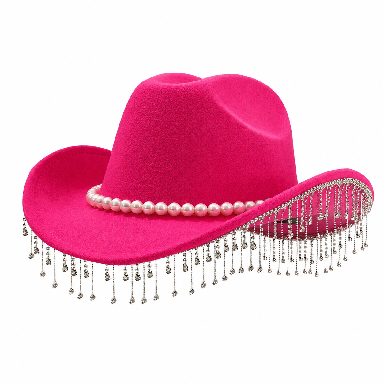 Pearl Fringe Polyester Fedora Hat — Rose Red