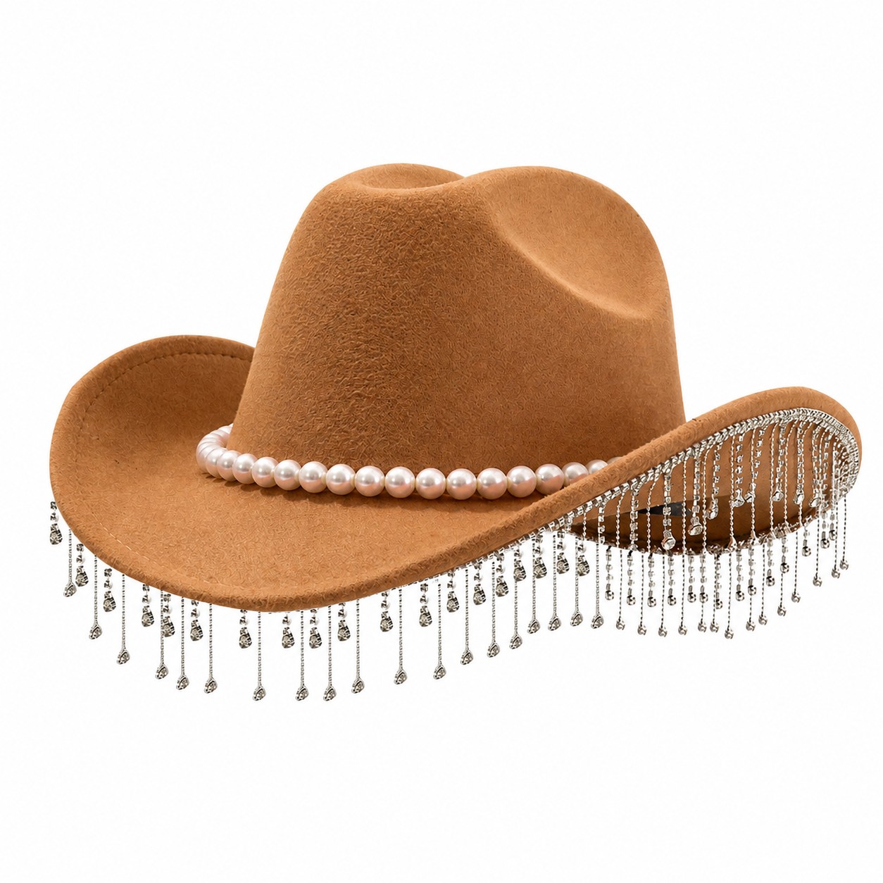 Pearl Fringe Polyester Fedora Hat — Camel Brown