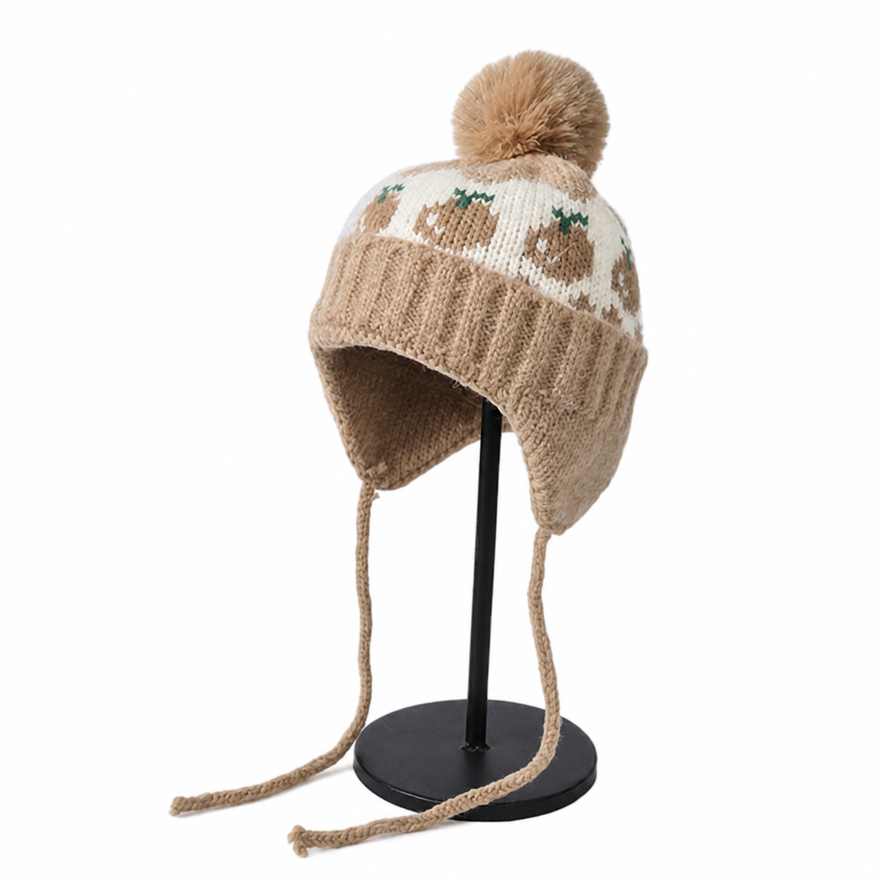 Acrylic Cherry Earflap Pom Beanie — Khaki Beige