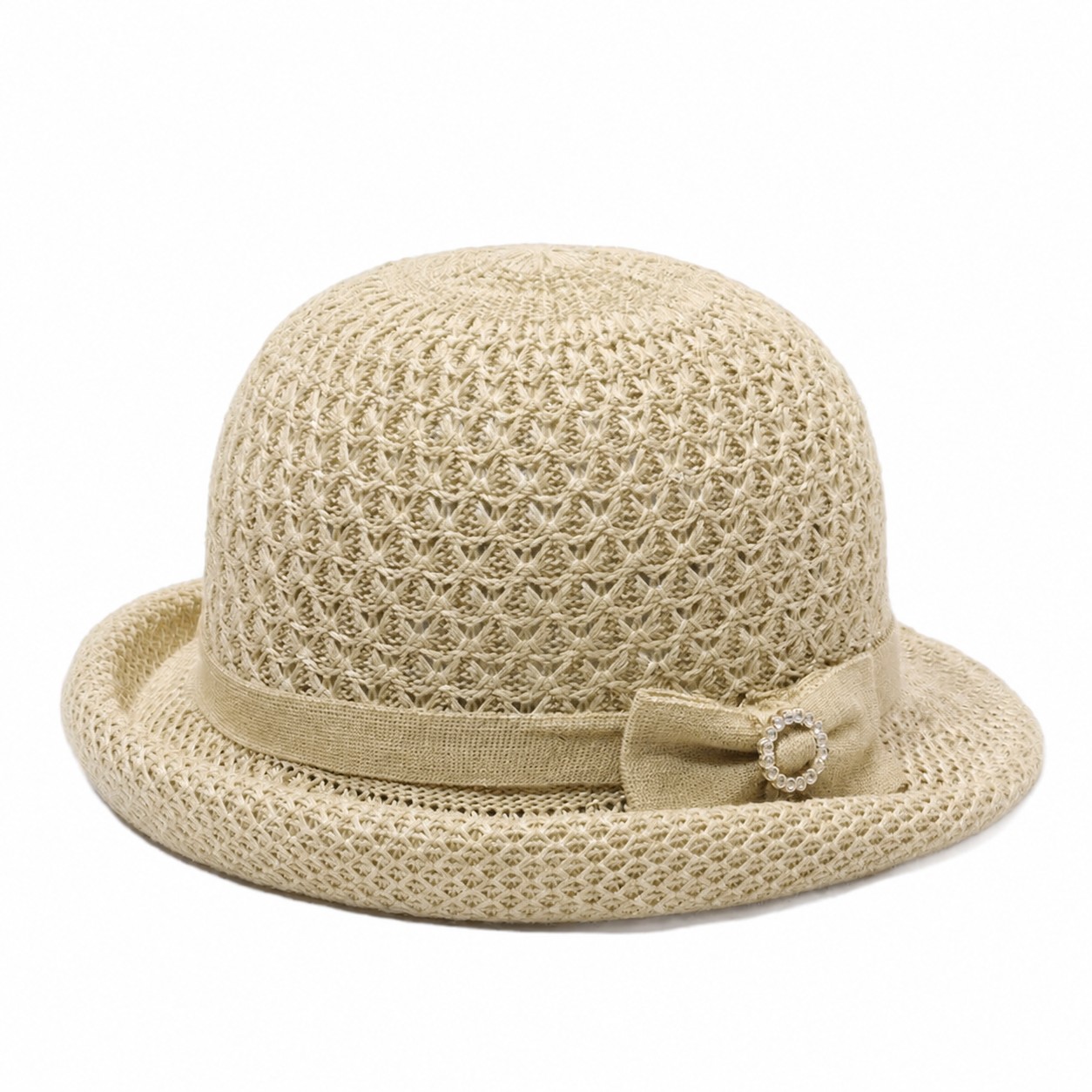 Straw Rolled Brim Cloche Hat — Khaki Beige
