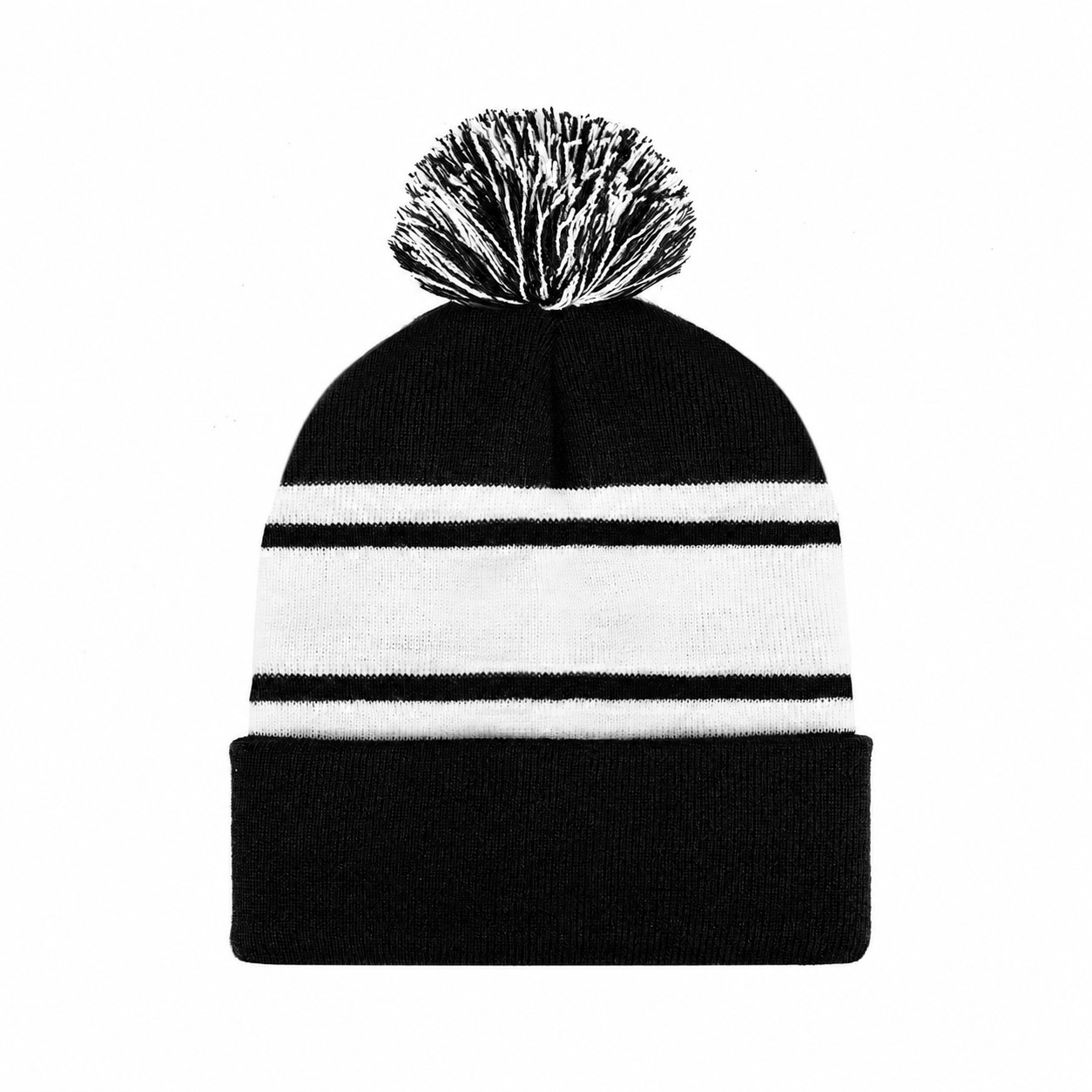 Two-Tone Knit Pom Beanie With Cuff — Black