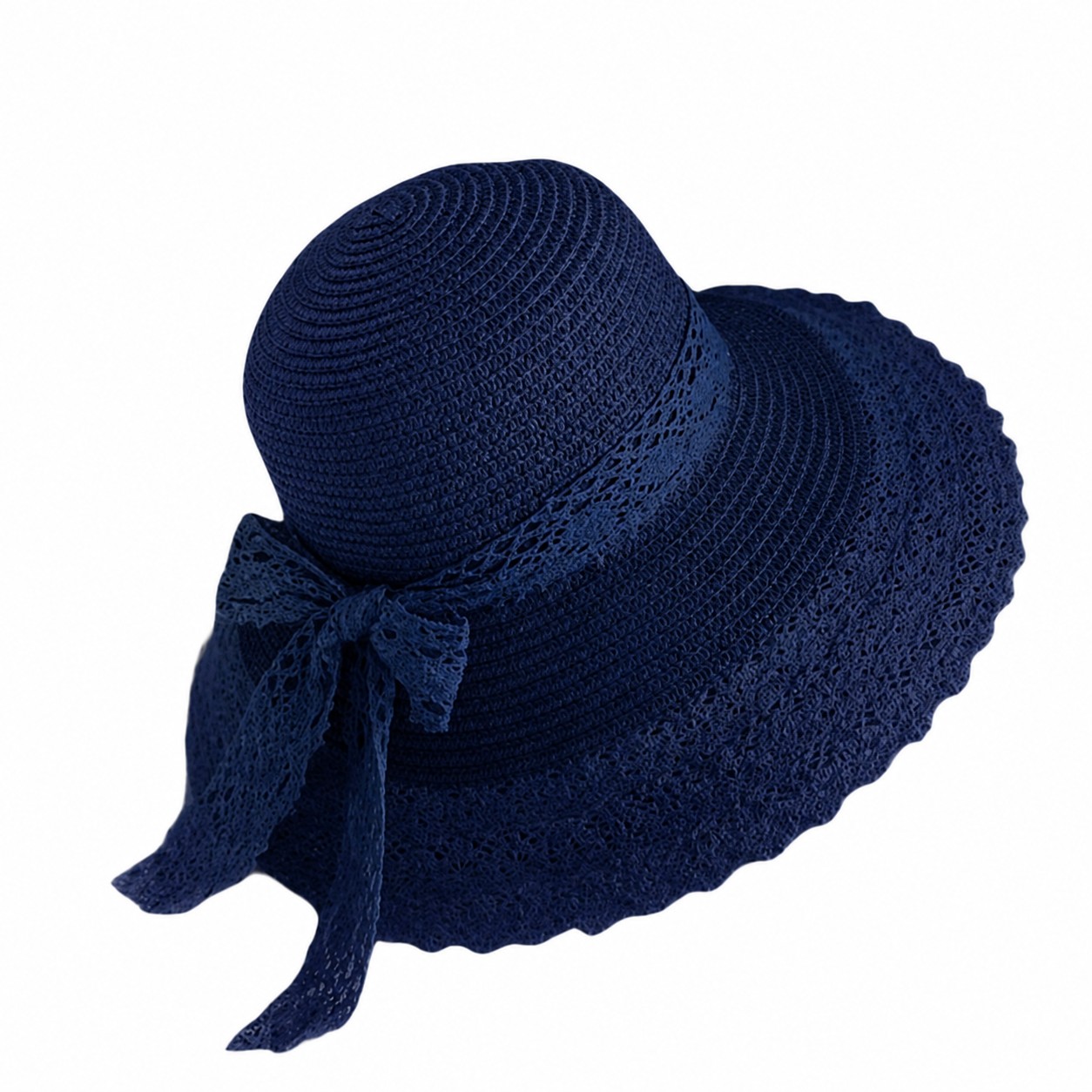 Lace Trim Straw Beach Hat — Navy Blue