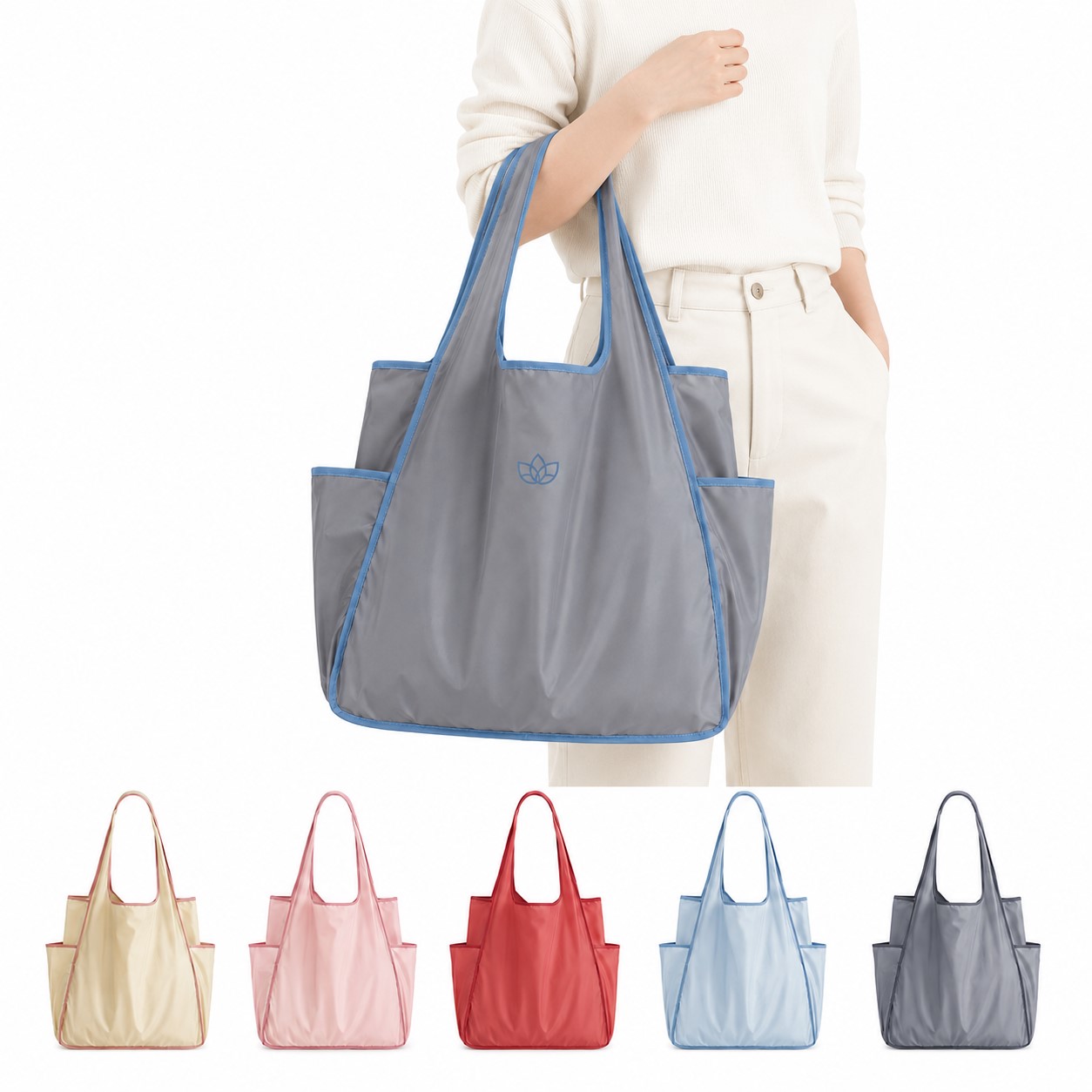 Foldable Nylon Grocery Tote With Side Pockets