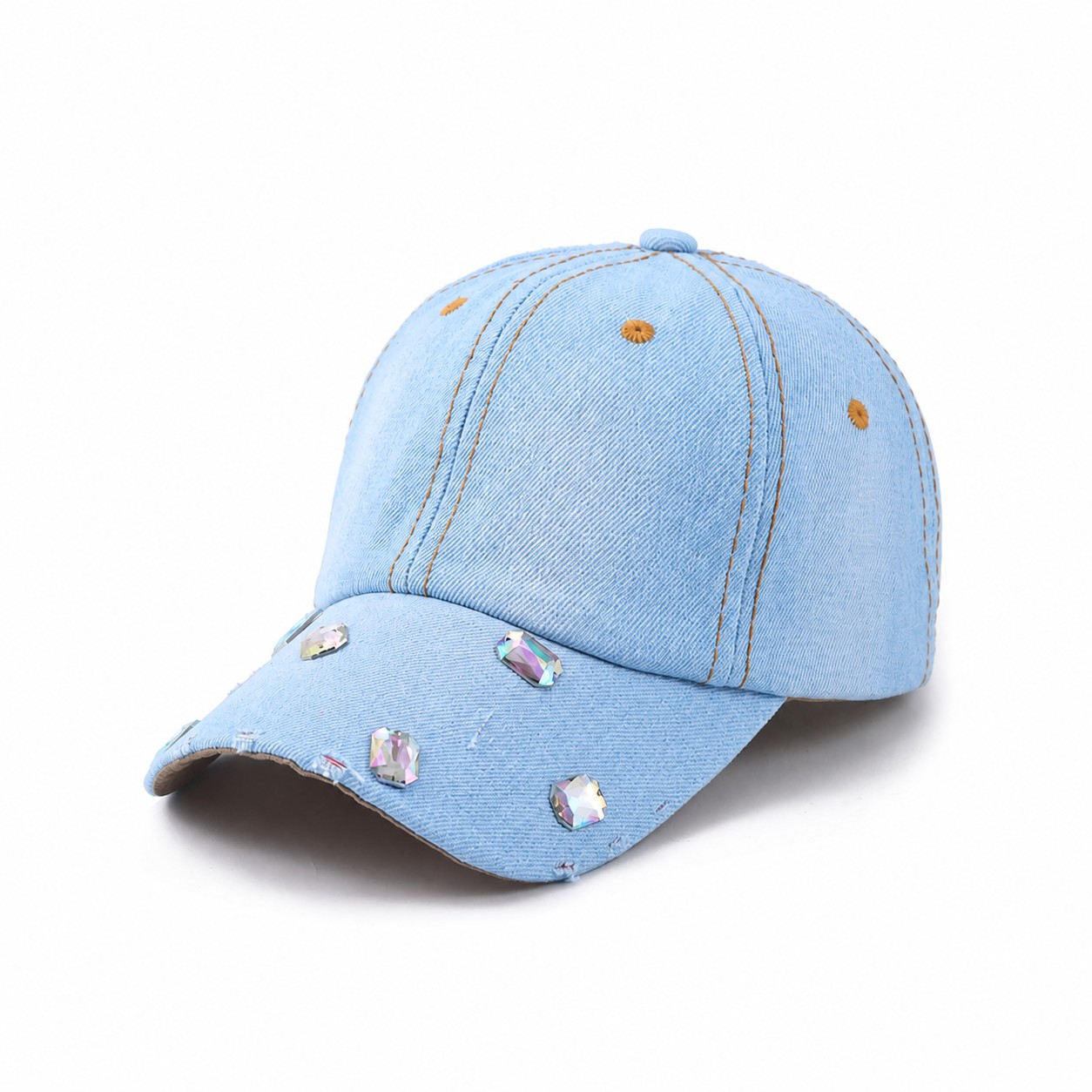 Jeweled Polyester Denim Look Baseball Cap — Light Blue